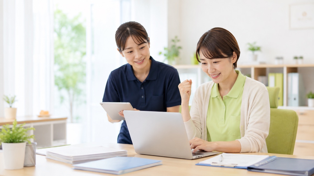 介護事業所の職員がパソコンの前でAI活用に成功して喜ぶ様子（イメージ）