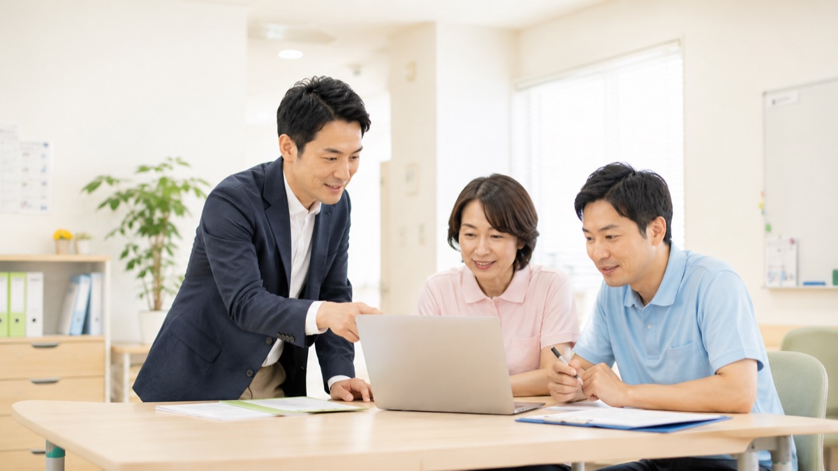 事業所のパソコンの前で職員にAIの使い方をレクチャーする様子（イメージ）